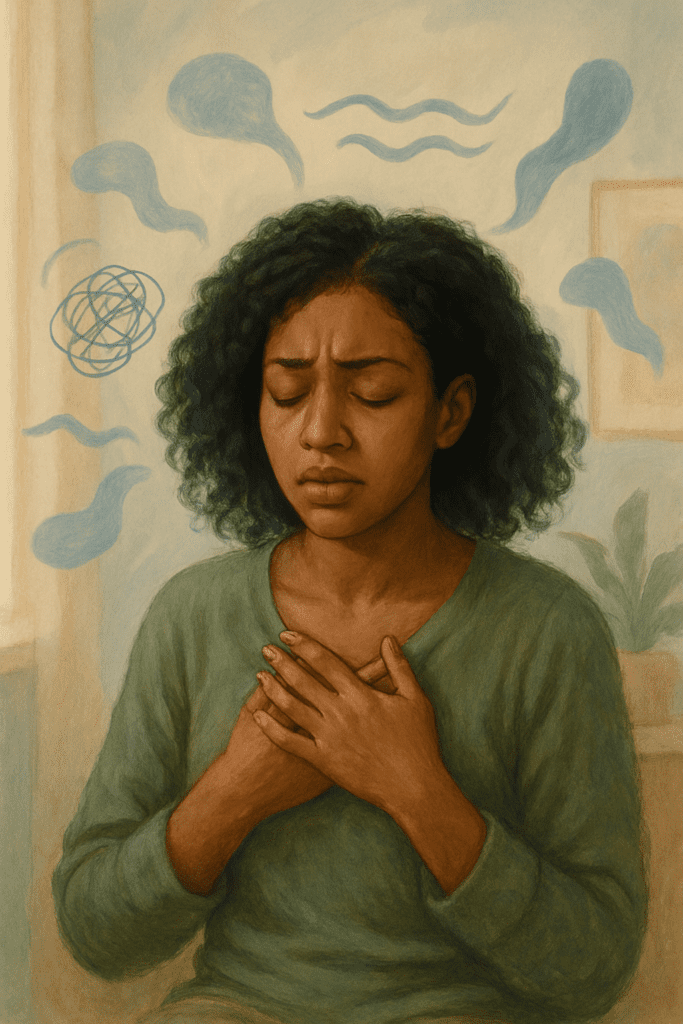 Ilustração representando sintomas físicos da ansiedade em mulher negra