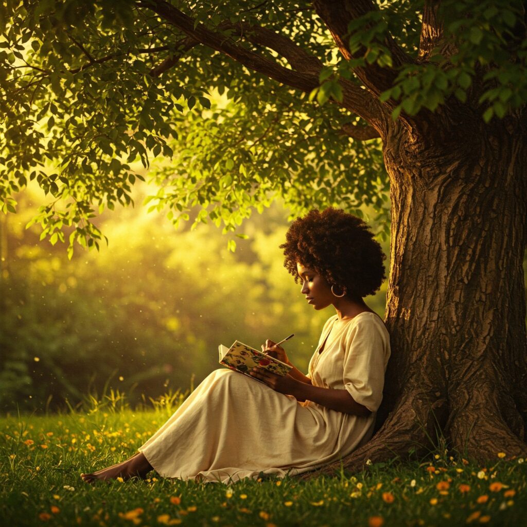 Uma mulher negra com cabelos crespos e escuros está sentada encostada no tronco de uma grande árvore frondosa. Ela veste um vestido branco solto e está absorta na escrita em um caderno aberto, segurando uma caneta. A luz do sol dourada filtra-se através das folhas verdes da árvore, criando uma atmosfera acolhedora e suave ao seu redor. O chão está coberto de grama verde e pequenas flores amarelas. A imagem evoca sentimentos de paz, introspecção e autocuidado em conexão com a natureza.