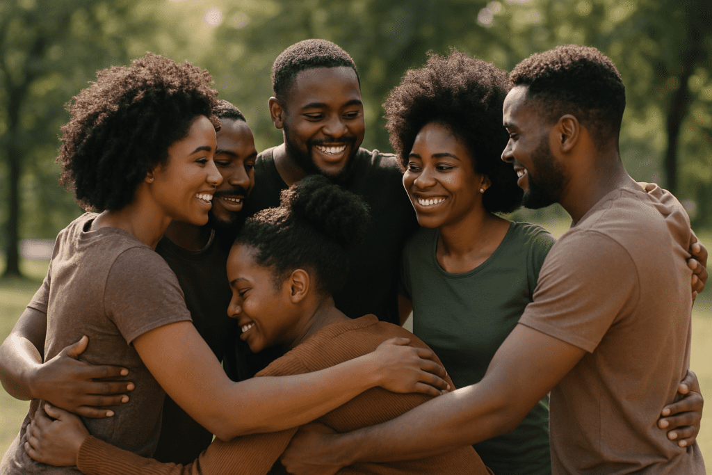 Ilustração digital de um grupo de pessoas negras reunidas em círculo, oferecendo apoio mútuo com expressões de acolhimento e conexão emocional.