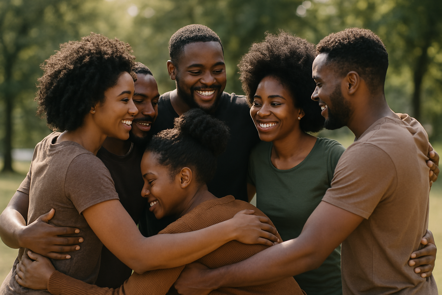 Ilustração digital de um grupo de pessoas negras reunidas em círculo, oferecendo apoio mútuo com expressões de acolhimento e conexão emocional.