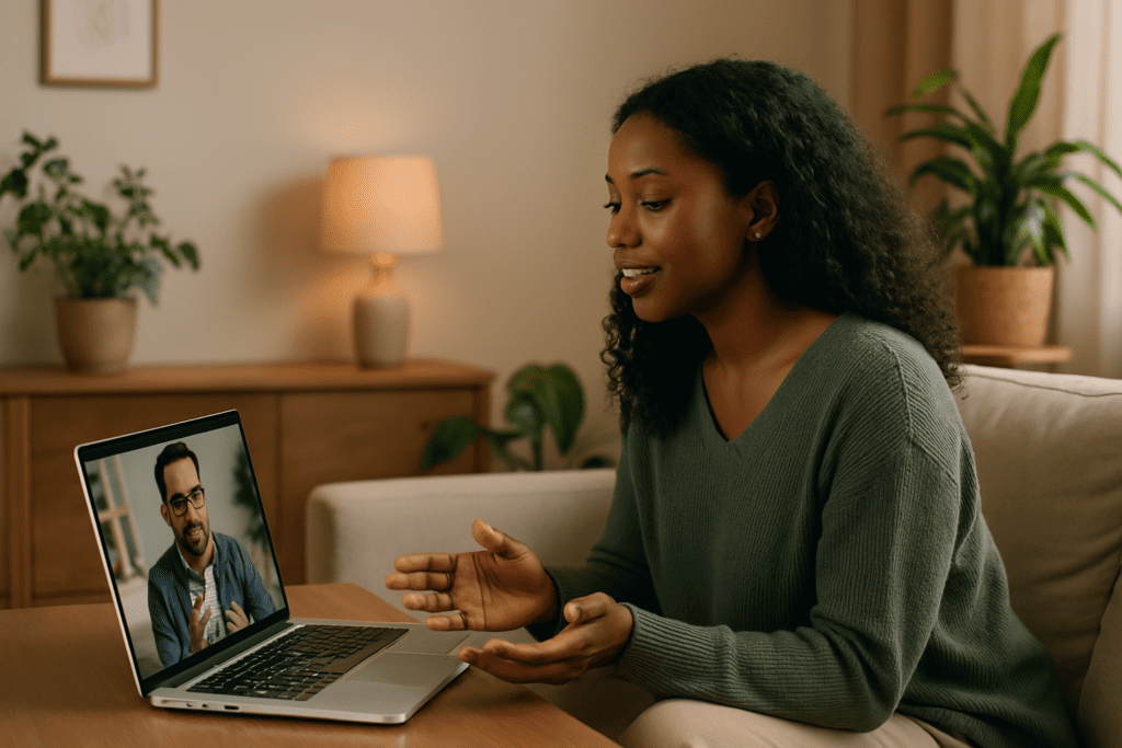 Psicóloga negra em chamada de vídeo com paciente ansiosa
