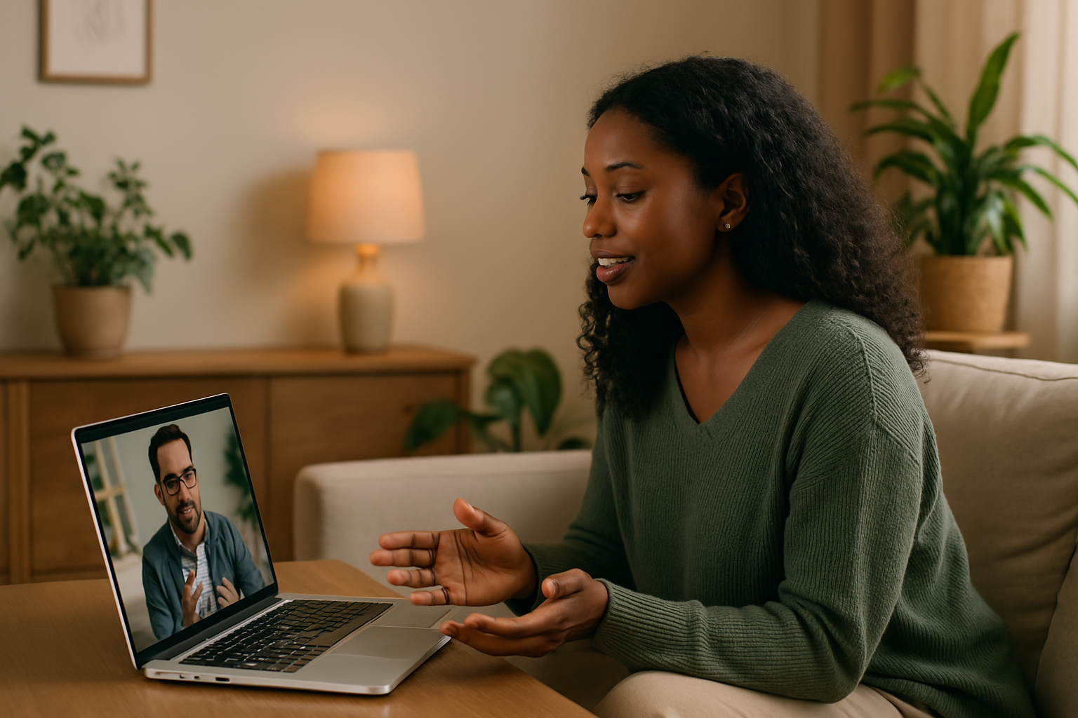 Psicóloga negra em chamada de vídeo com paciente ansiosa