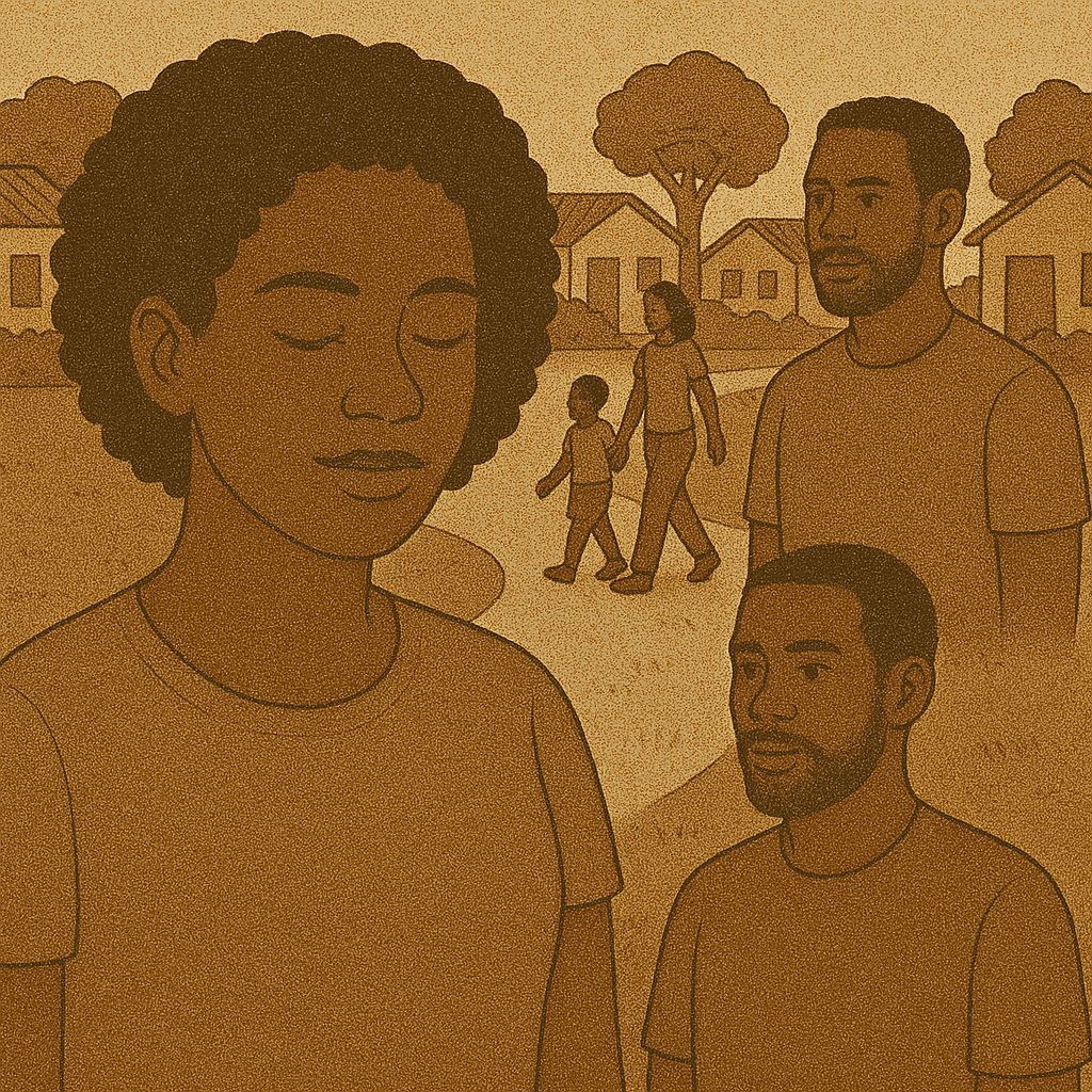 Cena artística de uma mulher negra com expressão contemplativa, onde o corpo e o ambiente refletem camadas de história e vivência.