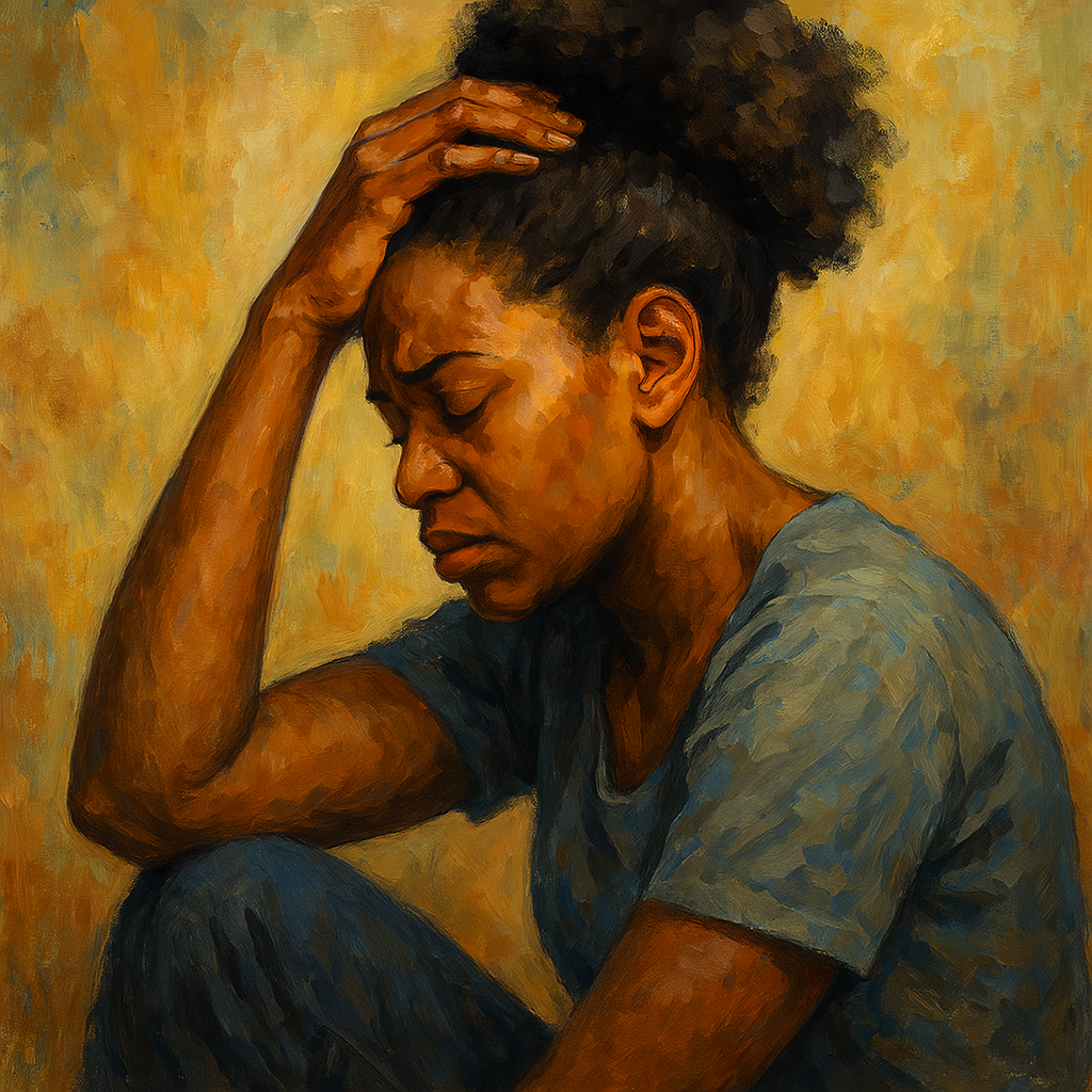 Pintura semi-realista de uma mulher negra de olhos fechados, refletindo sobre a sobrecarga emocional associada ao mito da mulher forte.