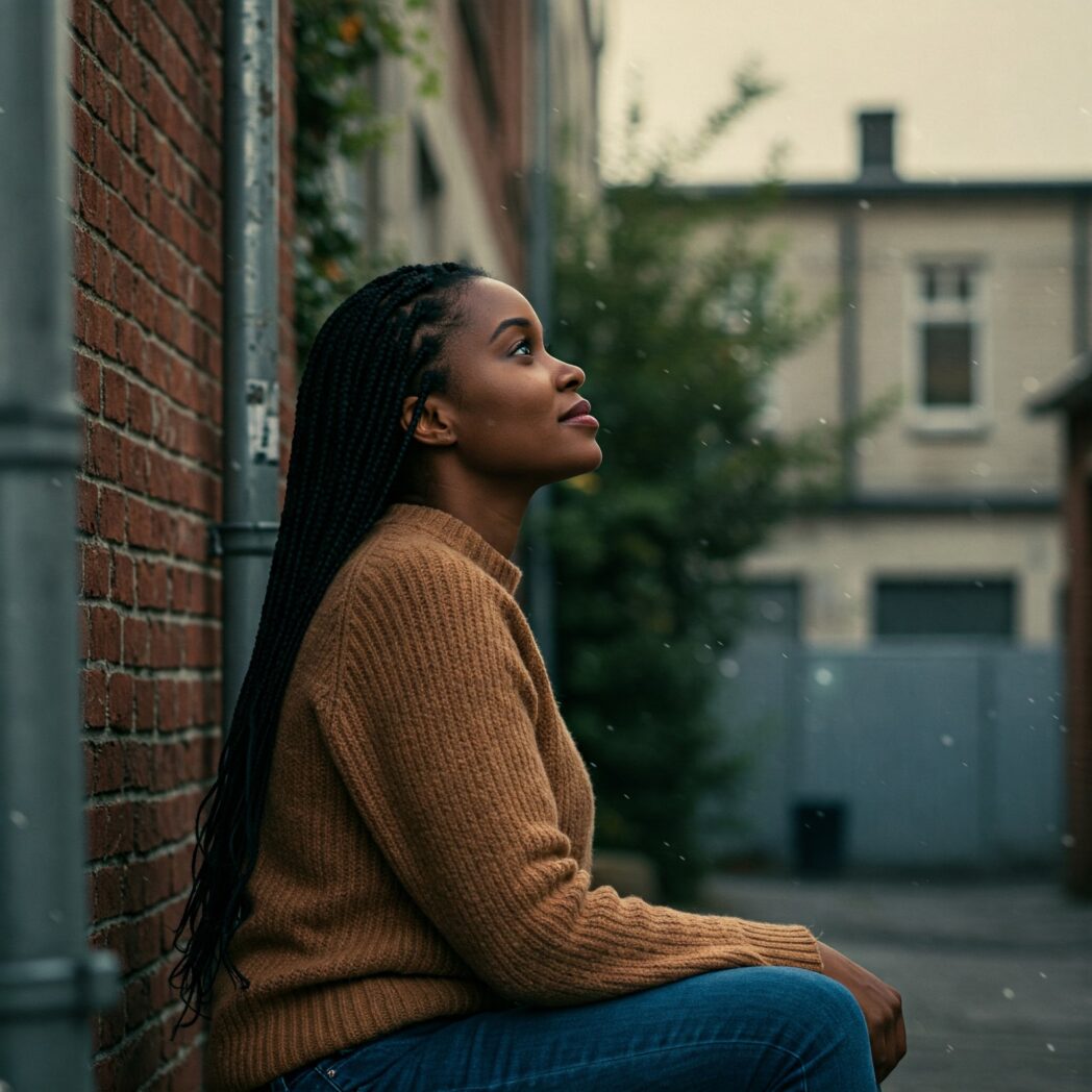 Uma mulher negra de pele morena e cabelos longos trançados está sentada em um ambiente urbano, encostada em uma parede de tijolos avermelhados ao lado de um cano vertical cinza. Ela veste um suéter marrom claro e calças jeans azuis. Sua expressão é serena e esperançosa enquanto olha para cima, para a luz que parece vir do céu nublado acima de prédios distantes. A cena transmite uma sensação de calma e contemplação em meio ao ambiente da cidade.