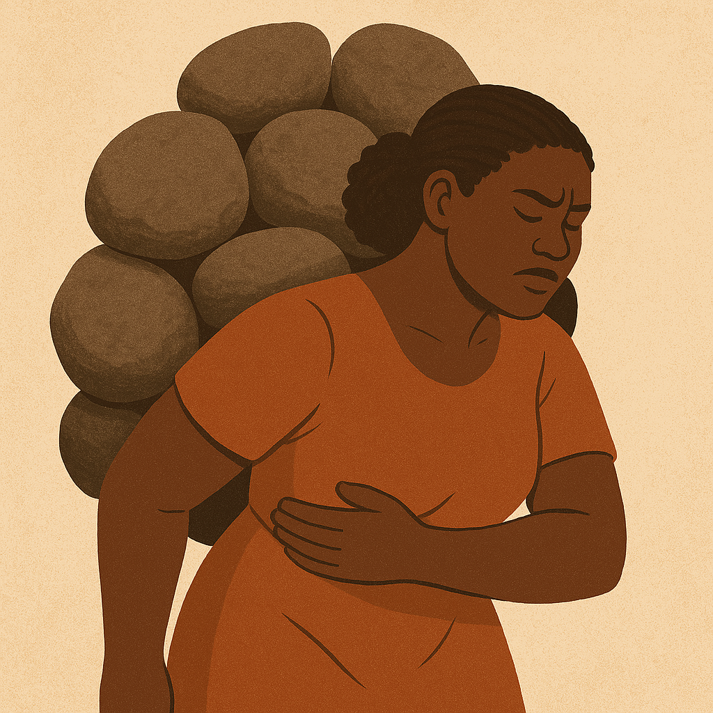 Três gerações de mulheres negras conectadas por olhares e gestos de afeto, simbolizando os traumas intergeracionais.