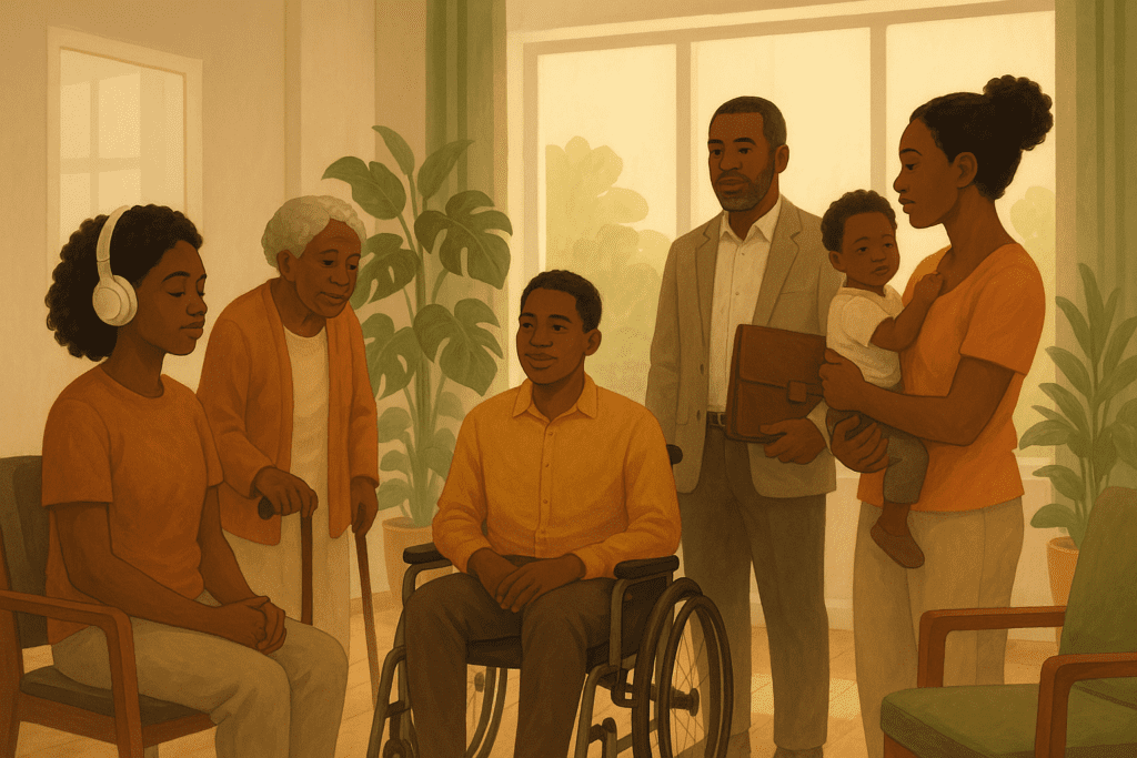 Ilustração de pessoas negras de diferentes perfis — jovem, idosa, mãe — mostrando que a terapia é acessível e necessária para todos.